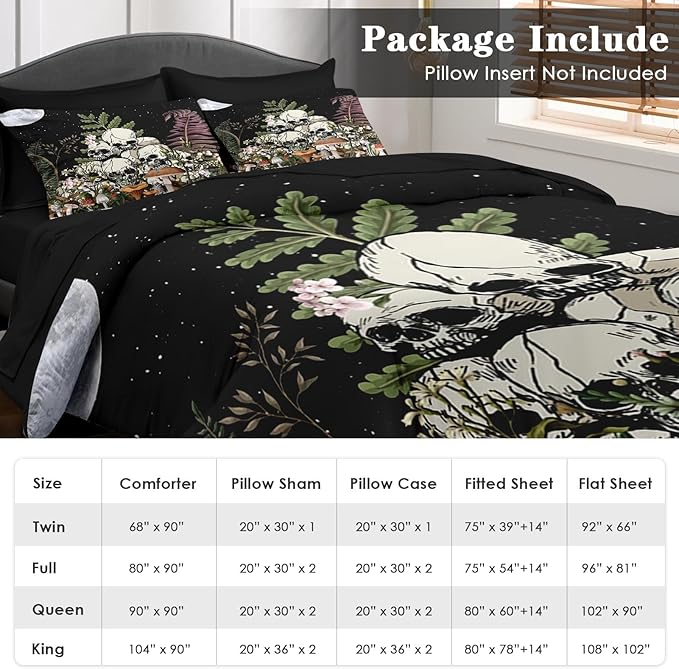 Comforter Set Queen Size, Dark Mushroom Plant Vintage 7 Pcs Bedding for Kids and Adults, Skeleton Spooky Retro Bed Sheet Sets with Fitted Sheet 2 Pillowcases & 2 Shams for Bedroom Bed Decor