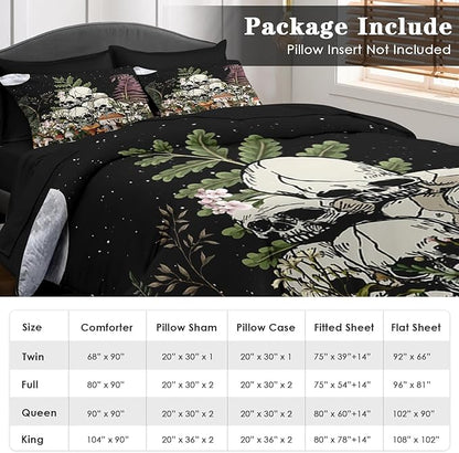 Comforter Set Twin Size, Mushroom Plant 5 Pcs Bedding for Kids and Adults, Skeleton Spooky Retro Bed Sheet Sets with Fitted Sheet Pillowcases & Shams for Bedroom Bed Decor