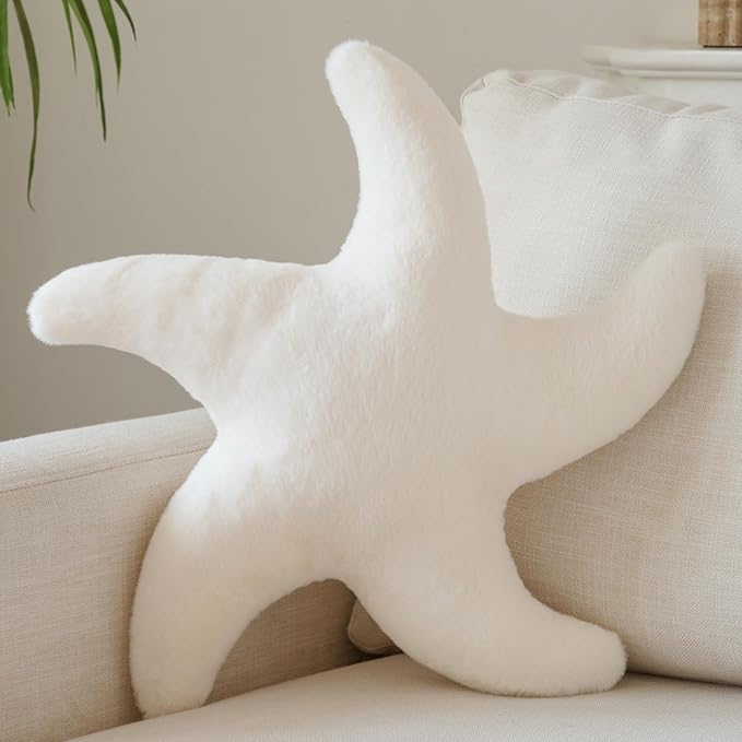 Starfish Pillow, Cute Decorative Pillows for Couch Bed, Aesthetic Room Decor Accent Pillow Plush with Soft Faux Rabbit Fur for Bedroom Living Room (Ivory White, 19.6 Inches)