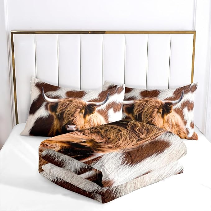 Cow Bedding Comforter Set King Size,Brown Western Qulited Comforter for Adult Men Bedroom Decor,3 Pcs 2 Pillowcases/104 * 90