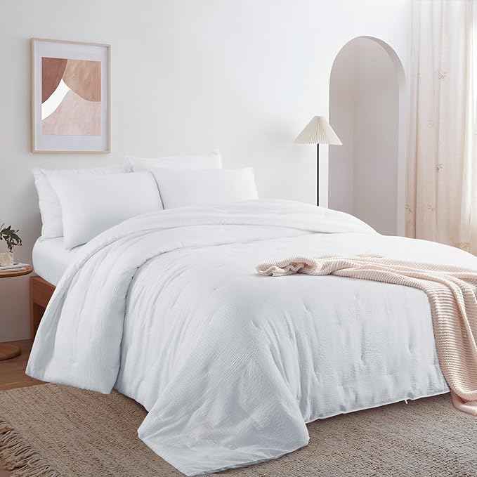 HOMBYS 3 Piece Seersucker Oversized King Comforter Set 120x128, Breathable White Soft Comforter Set, Lightweight Bedding Comforter Sets with Comforter for All Season
