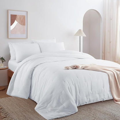 HOMBYS 3 Piece Seersucker Oversized King Comforter Set 120x128, Breathable White Soft Comforter Set, Lightweight Bedding Comforter Sets with Comforter for All Season