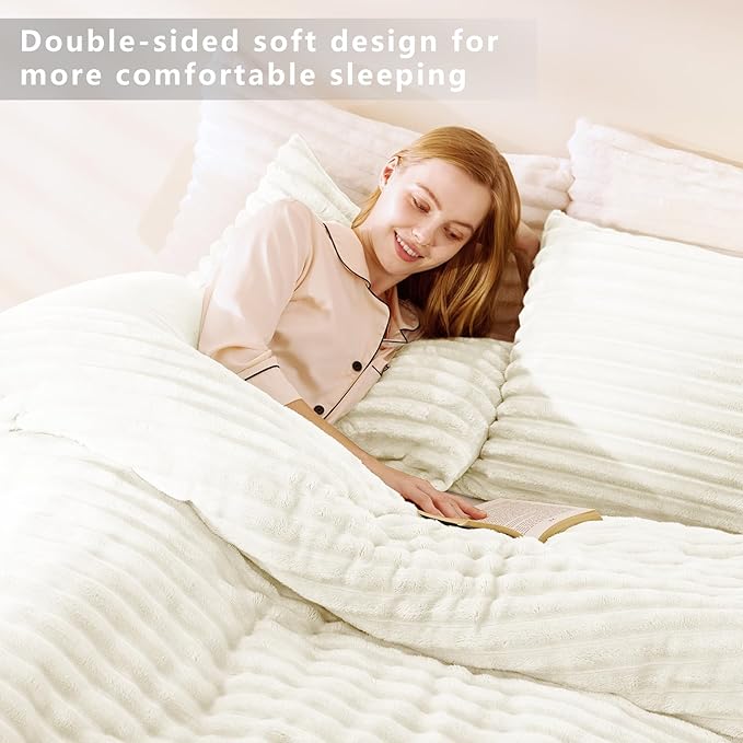 CozyLux Fluffy Full Size Comforter Sets - Super Soft Faux Fur Cream White Comforter Full Size, Winter Warm Fleece Bedding Set, 3 Pieces Plush Fuzzy Bed Set (1 Shaggy Comforter, 2 Pillowcases)