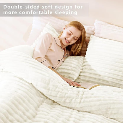 CozyLux Fluffy King Size Comforter Set - Super Soft Faux Fur Cream White Comforter King Size, Winter Warm Fleece Bedding Set, 3 Pieces Plush Fuzzy Bed Set (1 Shaggy Comforter, 2 Pillowcases)