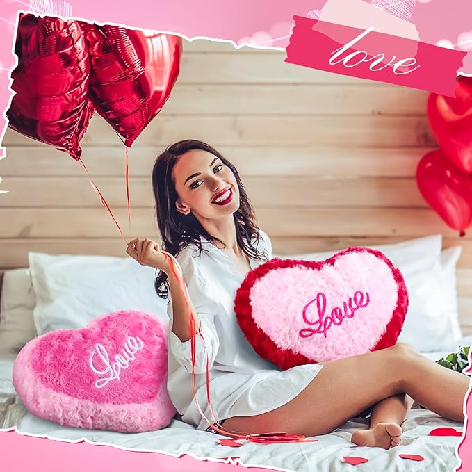 2 Pcs Valentine‘s Day Heart Pillows Soft Cute Pink Love Heart Shaped Decorative Plush Throw Pillows Red Pink Fluffy Pillow Aesthetic Coquette Room Decor for Gift Bed Sofa Couch Decor
