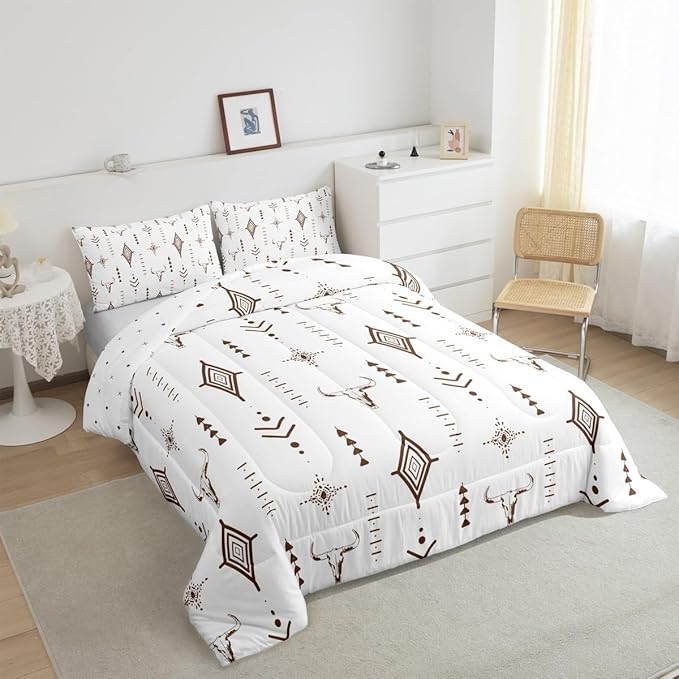 Feelyou Bull Skull Western Comforter Set Boho Ethnic Horns Bedding Set Queen Size for Kids Adult Brown White Tribal Symbol Mysterious Aztec Comforter