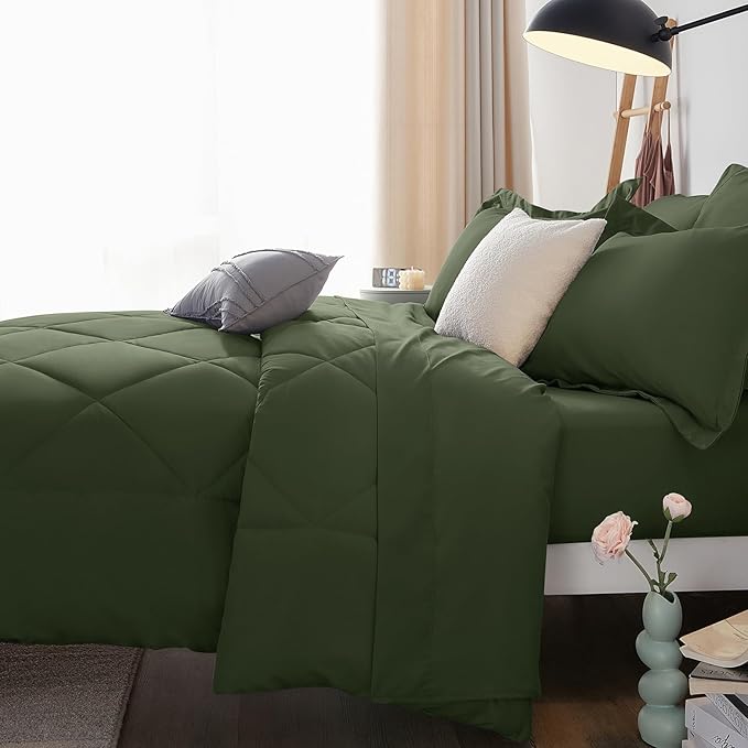 CozyLux Full Size Comforter Sets Olive Green - 7 Pieces Bed in a Bag Full, Luxury Soft Bed Set for All Seasons, Bedding Set with Down Alternative Comforter, Sheets, Pillowcases & Shams