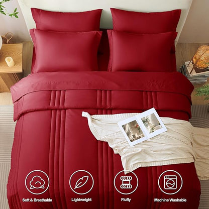 CozyLux Full Comforter Set - 7 Pieces Bed in a Bag Dark Red Comforter Set with Sheets Luxury Bed Set All Seasons, Soft Bedding Set with Down Alternative Comforter, Sheets, Pillowcases & Shams