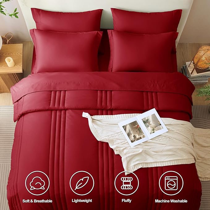 CozyLux Queen Comforter Set - 7 Pieces Bed in a Bag Dark Red Comforter Set with Sheets Luxury Bed Set All Seasons, Soft Bedding Set with Down Alternative Comforter, Sheets, Pillowcases & Shams