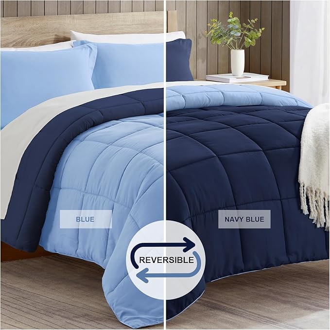 satisomnia King Size Comforter Set, Navy Blue Bedding Comforters King Size, 3 Pieces Down Alternative Bed Comforter Lightweight, Soft Quilted Bed Set Breathable, Reversible All Season Bedding Sets