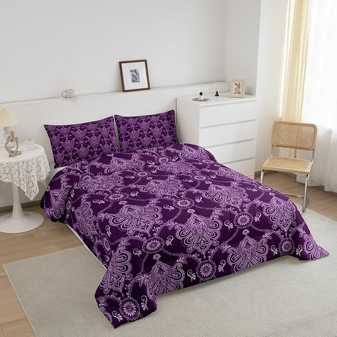 Feelyou Adults Purple Vintage Damask Floral Comforter Set Antique Drawing Classical Paisley Comforter Twin Size Gothic Bohemia Boho Floral Bedding Set Hotel Style Duvet Set Quilt Set 2Pcs