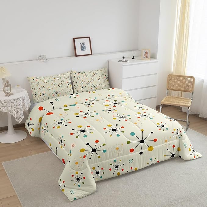 Erosebridal Modern Mid Century Comforter Full Retro Atomic Bedding Set, Rainbow Grid Down Comforter Vintage Fifties 1950s Bed Set, Aesthetic Abstract Art Quilted Duvet Beige 3pcs