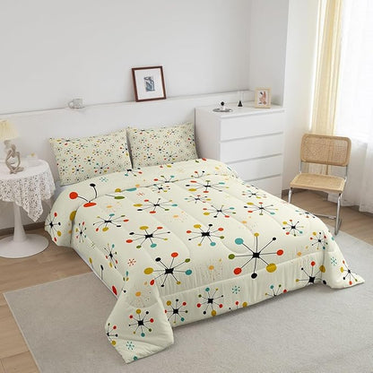 Erosebridal Modern Mid Century Bedding King Retro Atomic Comforter Set, Rainbow Grid Duvet Insert Vintage Fifties 1950s Down Comforter, Aesthetic Abstract Art Bedding Comforter Sets Beige 3pcs