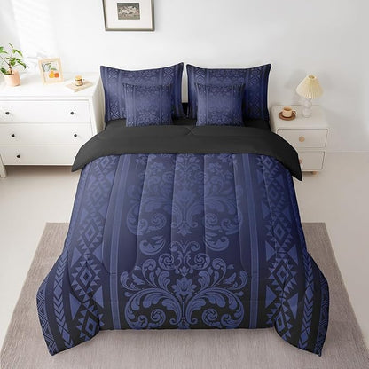 Comforter Set King Size, Dark Blue Aztec Damask 7 Pcs Bedding for Kids and Adults, Victorian Decor Western Baroque Goth Bed Sheet Sets with Fitted Sheet 2 Pillowcases & 2 Shams for Bedroom Bed Decor