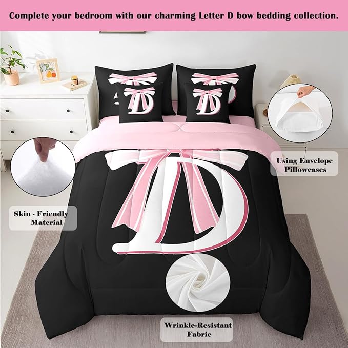jejeloiu Kids Girls Black Pink Bow Comforter Set with Sheets Queen Size Monogrammed 7 Piece Bedding Set Personalized Initial D Bed in a Bag with Comforter, Sheets,Pillowcases Modern Fashion Bed Set