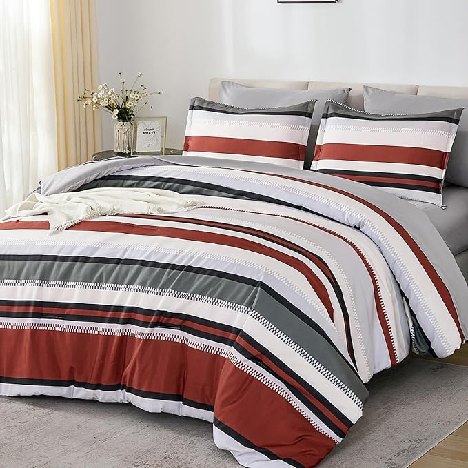 WONGS BEDDING Comforter Full Size, Red Bedding Comforter Set for Full Bed, Striped Bed in a Bag Full Size Comforter Sets for All Season 90"×78"