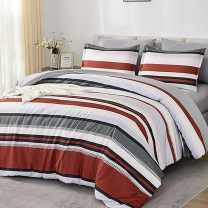 WONGS BEDDING Comforter Full Size, Red Bedding Comforter Set for Full Bed, Striped Bed in a Bag Full Size Comforter Sets for All Season 90"×78"