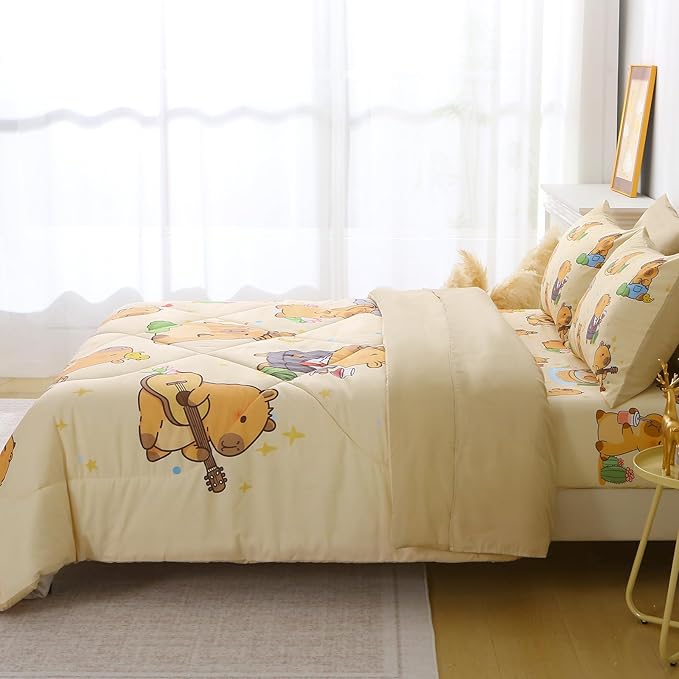 7 Piece Capybara Comforter Set Queen Size Cute Cartoon Capybara Bedding Set Super Soft All Season Bedroom Decor for Kids Girls Boys Teens Birthday Choice