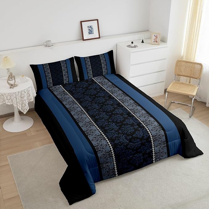 jejeloiu Adult Classic Jacquard Bedding Set Full Size Damask Pattern Comforter Set for Boys Girls Black Blue Stripe Duvet Set Baroque Quilt Set 3Pcs