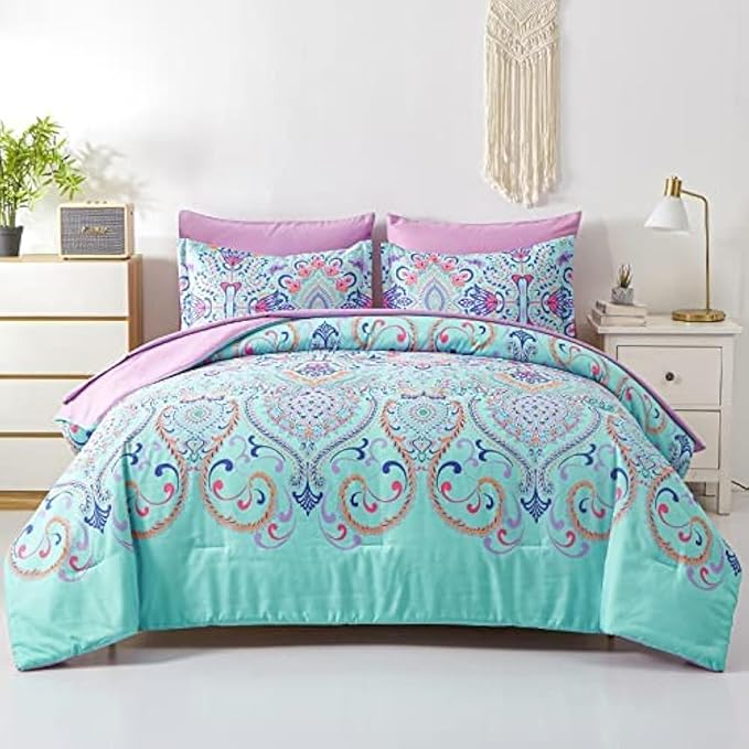 Twin Comforter Set, 5 Piece Bed in a Bag, Boho Aqua and Lilac Damask Medallion Print Comforter with Sheets, Soft Microfiber Complete Bedding Set for All Season (Aqua, Twin)