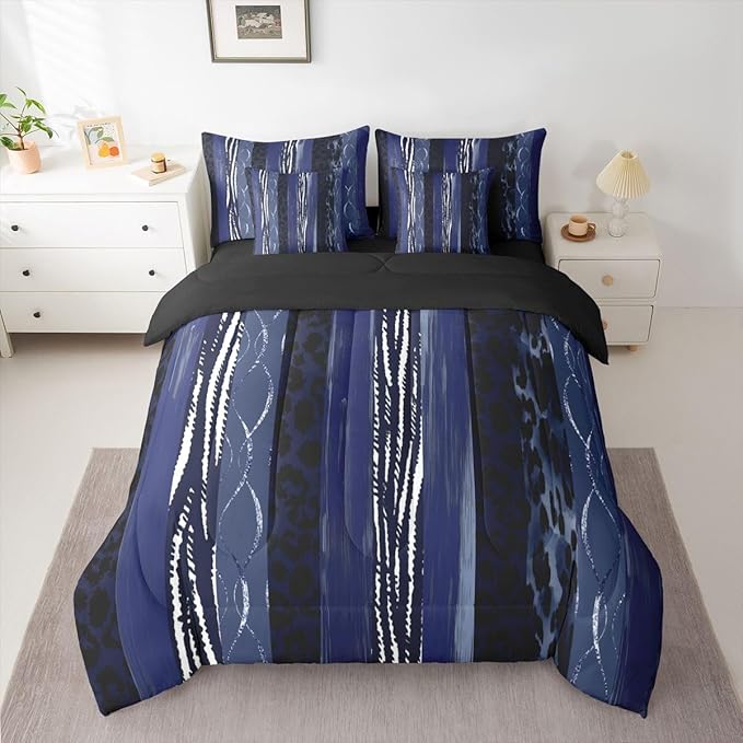 Erosebridal White Dark Blue Stripe Leopard Print Full Comforter Set 7 Pieces | Cheetah Fur Bed in A Bag for Bedroom Women Men Adults Bedding Set with Comforters Animal Skin Pattern Room Decor