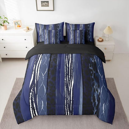 Erosebridal White Dark Blue Stripe Leopard Print King 7-Piece Comforter Set | Cheetah Fur Geometric Sheets and Pillowcases Women Men Adults Bed in A Bag Animal Skin Pattern Bed Sets