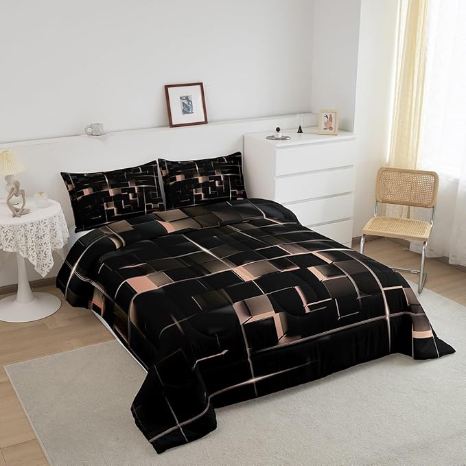 Erosebridal Light Yellow Black Twin Comforter Set Geometric Light Honeycomb Bedding Set for Kids Teens Adult, Decor Down Comforter Modern Style Quilt, Microfiber Lightweight All Season