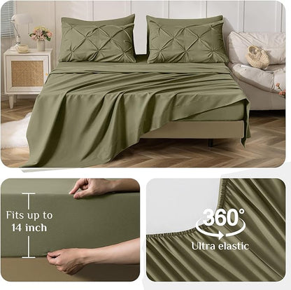 JOLLYVOGUE King Size Comforter Set 7 Pieces - Bed in a Bag King for All Season, Pintuck Bedding Comforter Sets with Comforter, Flat Sheet, Fitted Sheet and Pillowcases & Shams, Olive Green