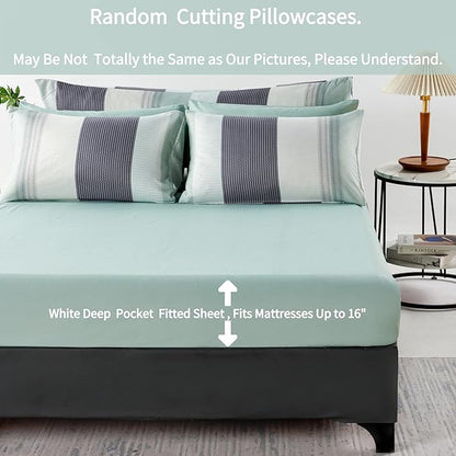 RYNGHIPY Sage Green Striped Comforter Set, Geometric Lightweight Soft Bedding Set, All Season Down Alternative Men Boy Comforter with Sheets Pillowcses (Full,Sage Green)