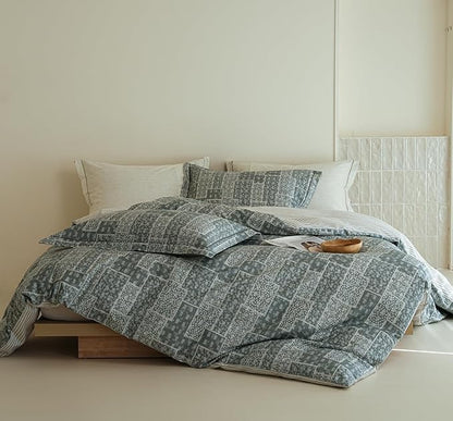 King Size Cotton Comforter Set, 3Pcs Blue Patchwork Duvet for All Seasons, Luxury Warmth Breathable Bedding Set with 1 Lightweight Comforter and 2 Pillow Shams