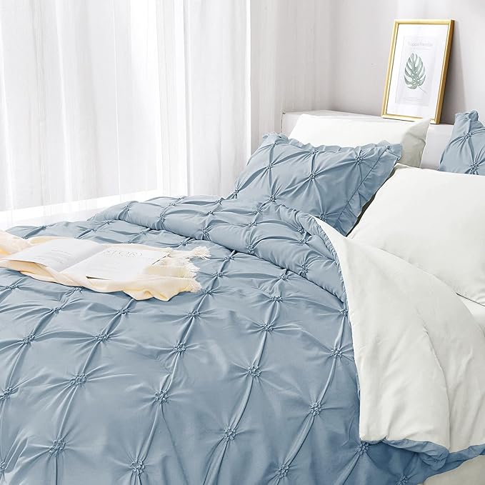 JOLLYVOGUE Light Blue/Ivory Cal King Size Comforter Sets 7 Pieces, Pintuck Bed in a Bag Comforter Set for Bedroom, Bedding Comforter Sets with Comforter, Sheets,Ruffled Shams & Pillowcases