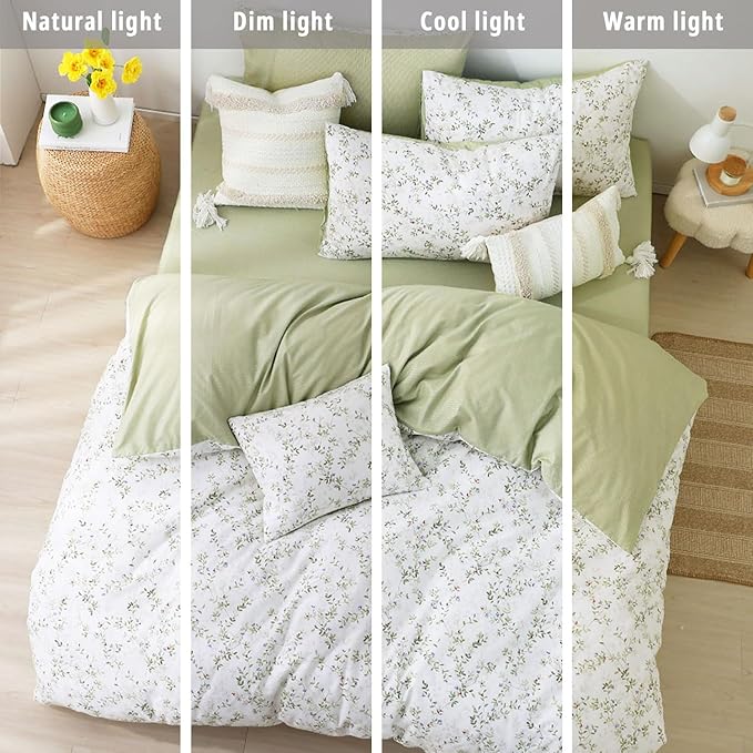 Botanical Cotton Comforter Queen Size - Tender Green Comforter Printed with Leafy Branches & Purple Stamens on Off-White,Reversible Lightweight Bedding Sets 3Pcs
