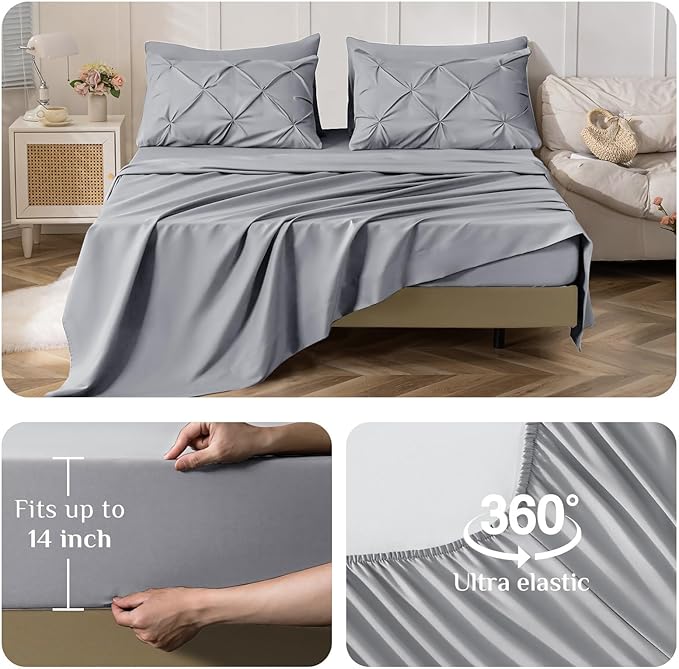 JOLLYVOGUE California King Comforter Set 7 Pieces - Bed in a Bag Cal King for All Season, Pintuck Bedding Comforter Sets with Comforter, Flat Sheet, Fitted Sheet and Pillowcases & Shams, Light Grey