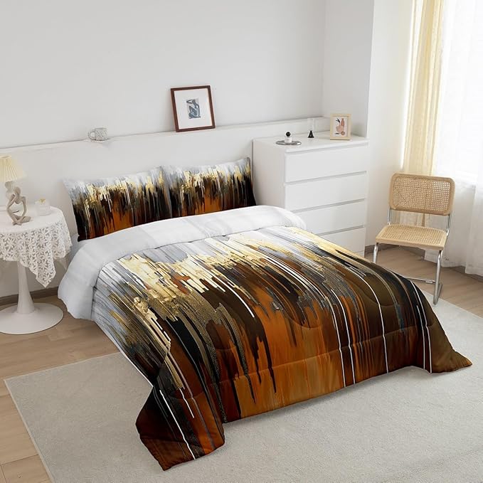 Erosebridal Brown Comforter Set King Ombre Abstract Bedding Set, Brush Marks Gradient Bedding Comforter Sets Contemporary Golden Metallic Duvet Sets, Watercolor Stripe Aesthetic Quilted Comforter