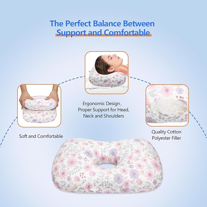 Ear Piercing Pillow for Side Sleepers, Pillow with an Ear Hole for CNH and Ear Pain Ear Inflammation Pressure Sores (Pink Flowers, 17.3"x12.6"x2")