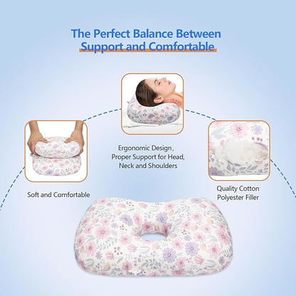 Ear Piercing Pillow for Side Sleepers, Pillow with an Ear Hole for CNH and Ear Pain Ear Inflammation Pressure Sores (Pink Flowers, 17.3"x12.6"x2")