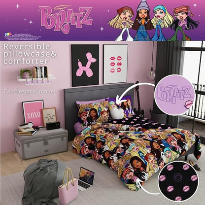 Bratz Fashion Bedding 7 Piece Super Soft Reversible Comforter and Sheet Set with Sham, Full, (100% Official Licensed Product) by Franco