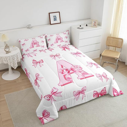 Erosebridal Initial Letter A Comforter Set Pink Bow Girls Full Bedding Set Kawaii Girly Bowknot Bedding Comforter Sets Princess Style Romantic Bow Bed Set for Kids Teen Women
