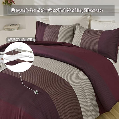WONGS BEDDING Burgundy Comforter Set King, Reversible Burgundy Stripe Down Alternative Comforter for All Season,3 Pieces(1 Comforter+2 Pillowcases), Soft Microfiber Bedding Duvet Set 104”×90”