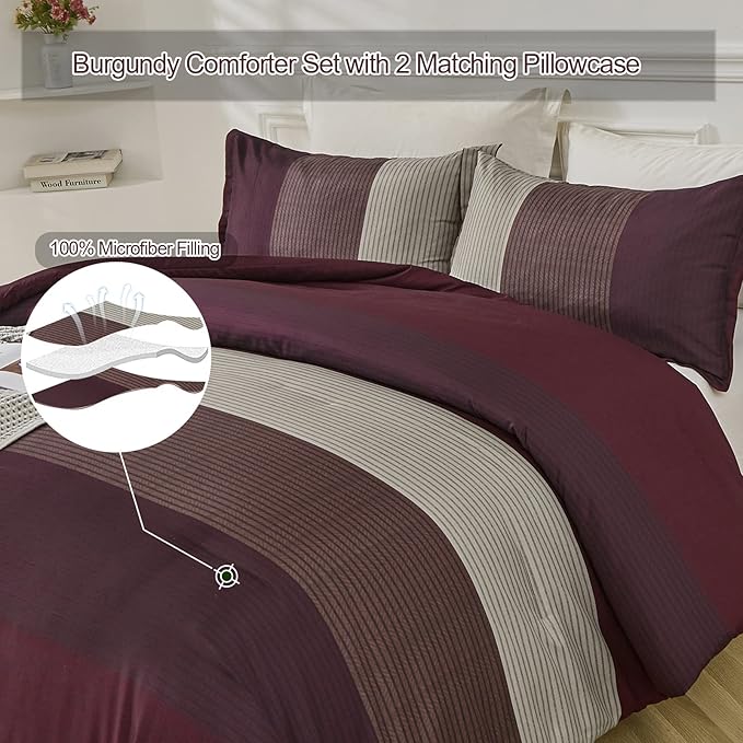 WONGS BEDDING Burgundy Comforter Set Queen, Reversible Burgundy Stripe Down Alternative Comforter for All Season,3 Pieces(1 Comforter+2 Pillowcases), Soft Microfiber Bedding Duvet Set 90”×90”