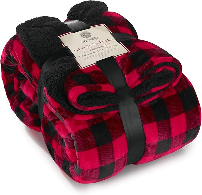 Genteele Sherpa Throw Blanket Super Soft Reversible Ultra Luxurious Plush Blanket, 102 x 90 inches, Buffalo Check Red/Black