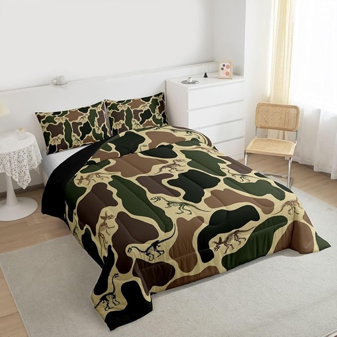 Erosebridal Dino Camouflage Comforter Set Toddler Size Dark Green Camo Bedding Set for Kids Boys Girls Dinosaur Skeleton Comforter Vintage Skeleton Rustic Quilt Bedroom Decor