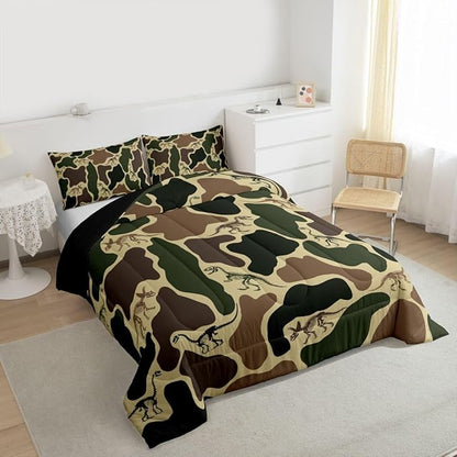 Erosebridal Dino Camouflage Comforter Set Toddler Size Dark Green Camo Bedding Set for Kids Boys Girls Dinosaur Skeleton Comforter Vintage Skeleton Rustic Quilt Bedroom Decor