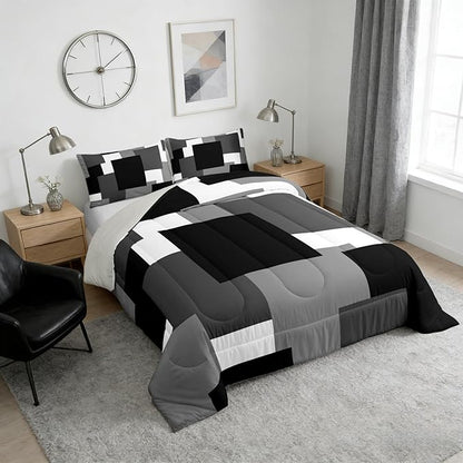 Castle Fairy Black Grey Kids Comforter Set,Modern Square Splicing Duvet Set for Room Decor,Black White Geometric Brushed Microfiber Soft Quilt Cover,Full Size 3 Pcs with 2 Pillowcases