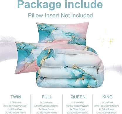 Pink Teal Marble Comforter Set Twin Size Kids Abstract Art Marbled Bedding Set Watercolor Pastel Luxurious Pink Teal Blue Bed Set Elegant Marbling Quilt Set with 1 Comforter + 1 Pillowcase
