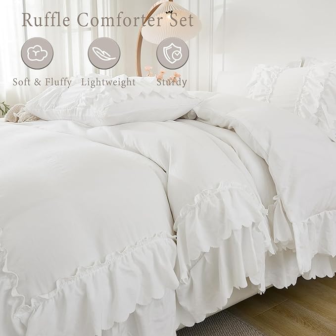 Herside White Ruffle Comforter Set King Size,Shabby Chic Bedding Set Soft Fluffy Boho Comforter Set for All Season,Vintage Bedding Ruffled 3 Pcs Microfiber Lightweight Quilt Set for Women Girls