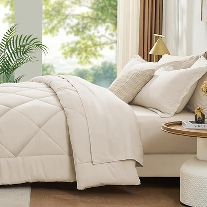 FUANNA 5 Pieces Twin Comforter Set, All Season Bed in a Bag Twin Size, Luxury Soft Bedding Sets with Comforter, Flat Sheet, Fitted Sheet, Pillowcase & Pillow Sham, Beige