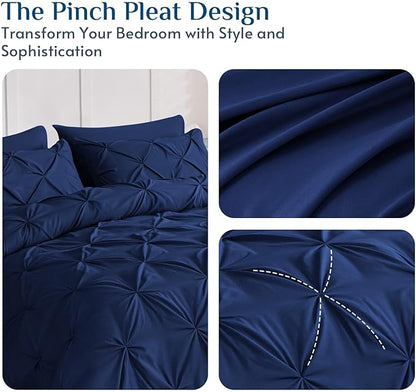 JOLLYVOGUE King Size Comforter Set 7 Pieces - Bed in a Bag King for All Season, Pintuck Bedding Comforter Sets with Comforter, Flat Sheet, Fitted Sheet and Pillowcases & Shams, Navy