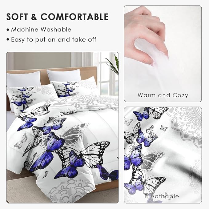 Queen Size Comforter Set with 2 Pillowcases, Summer Spring Purple Butterfly 3 Pcs Bedding for Kids and Adults, Abstract Circular Mandala Floral Soft Comforter Set for Bedroom Bed Decor