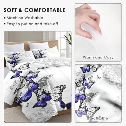 Full Size Comforter Set with 2 Pillowcases, Summer Spring Purple Butterfly 3 Pcs Bedding for Kids and Adults, Abstract Circular Mandala Floral Soft Comforter Set for Bedroom Bed Decor